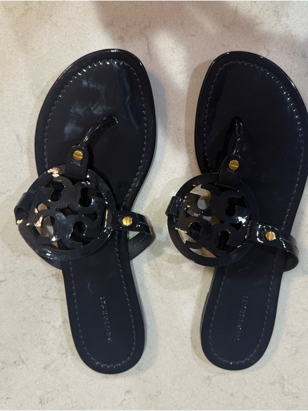 Tory Burch Black Patent Logo Cutout Thong Sandals